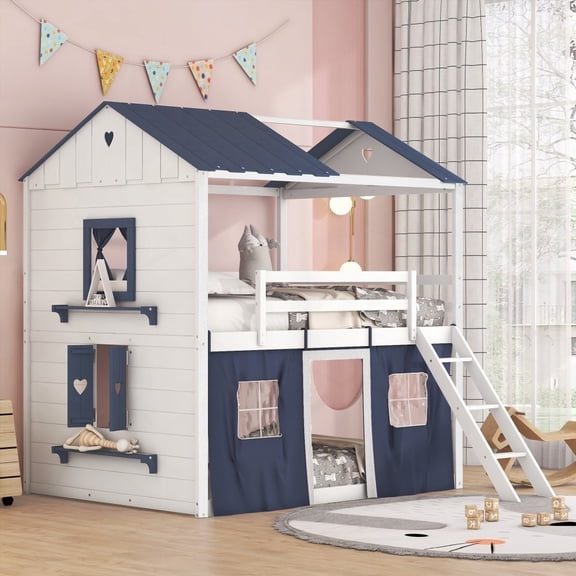 Full Size Bunk Wood House Bed - Blue White - With Playhouse & Storage Windowsill