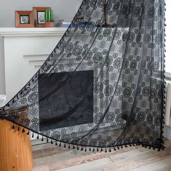 Crochet Lace Window Curtain Panel with Tassels Semi Sheer Hollow Curtains for Bedroom Living Room, 1 Pane Rod Pocketl
