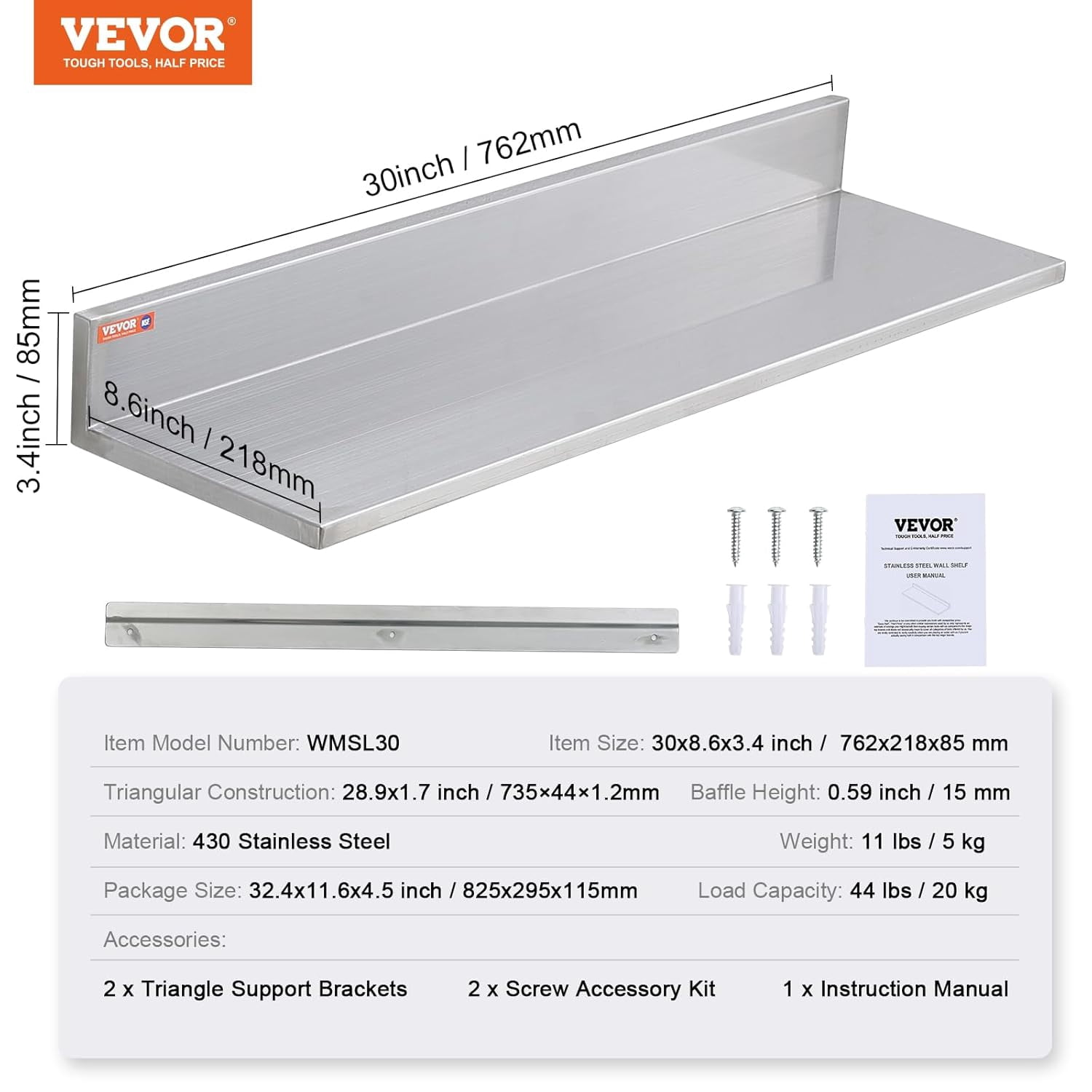 MONGJI 8.6" x 30" -2 Pack Stainless Steel Shelf, Wall Mounted Floating Shelving with Backsplash, 44 lbs Load Capacity Commercial Shelves, Heavy Duty Storage Rack for Restaurant, Kitchen, Bar, Home