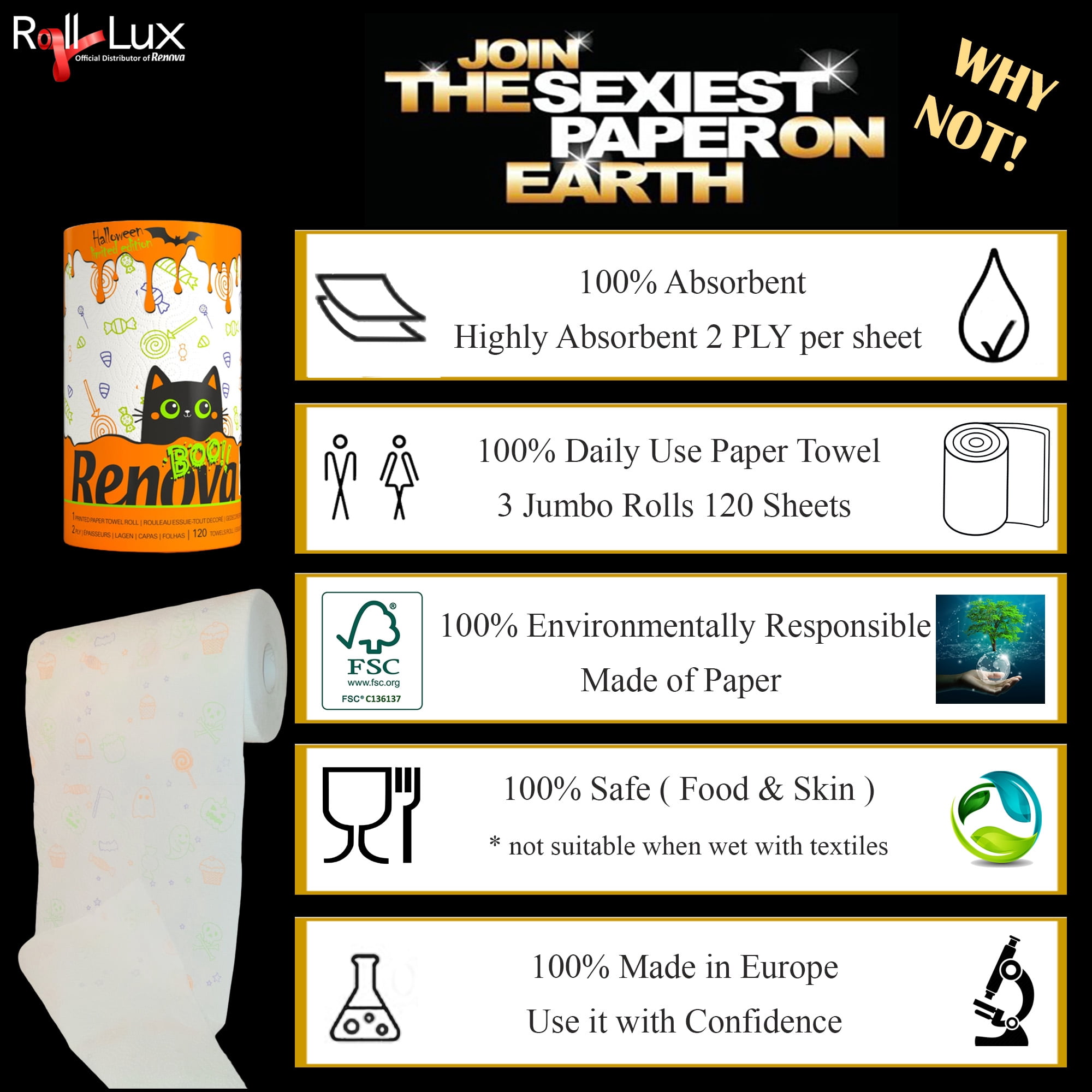 Renova Halloween Paper Towels, 3 Rolls, 120 Sheets Per Roll
