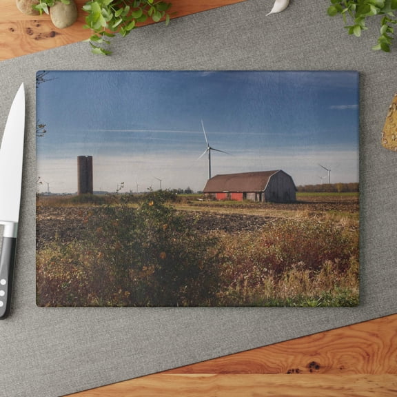 U R There Photography Darbee Road Red and Silo Rustic Farmhouse Tempered-Glass Cutting Board 11"x 15"