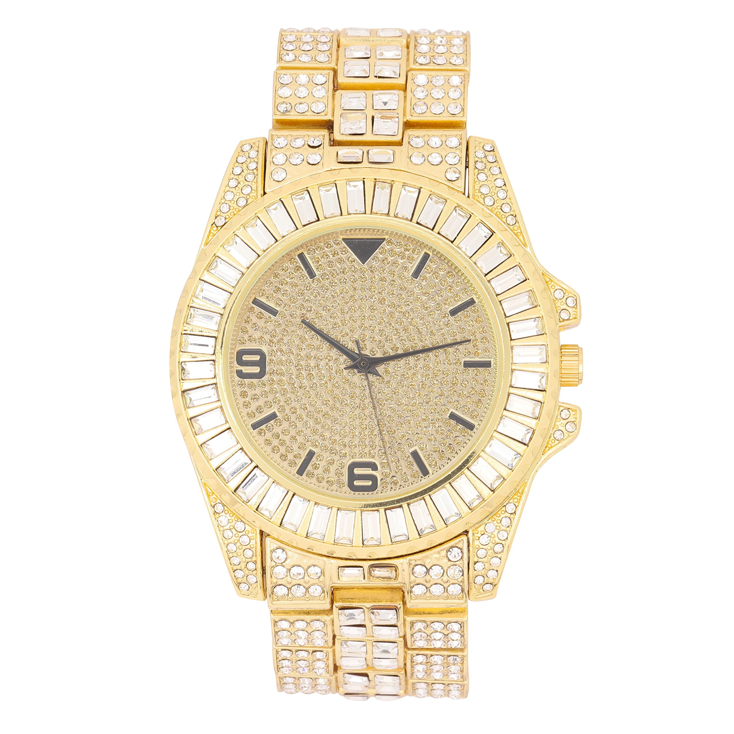 Baguette Cut Diamond Crystal Bling'ed Out Mens Watch - No Reasonable Doubt This is The Timepiece to Flaunt The Wealth - ST10372 (Gold Metal Gold M6)