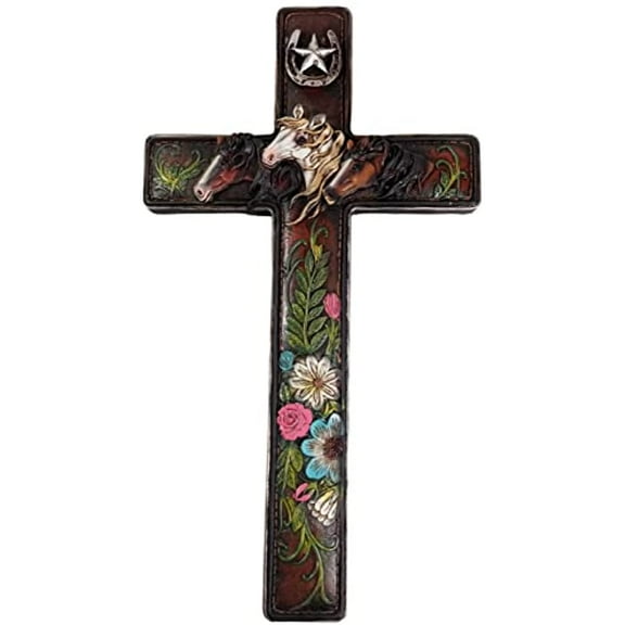 Urbalabs Western 18 Inch Wall Cross Brown With Horses and Roses Distressed Wall Hanging Cross Country Wall Decor Room Decoration Office Church Home (Horses and Roses)