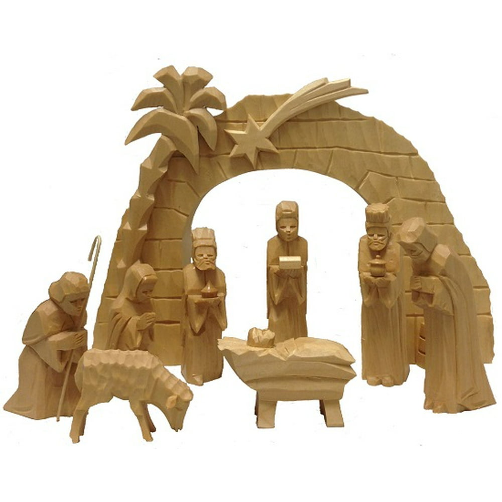 Hand Carved German Wood Christmas Nativity Set of 9 Pieces Handcrafted