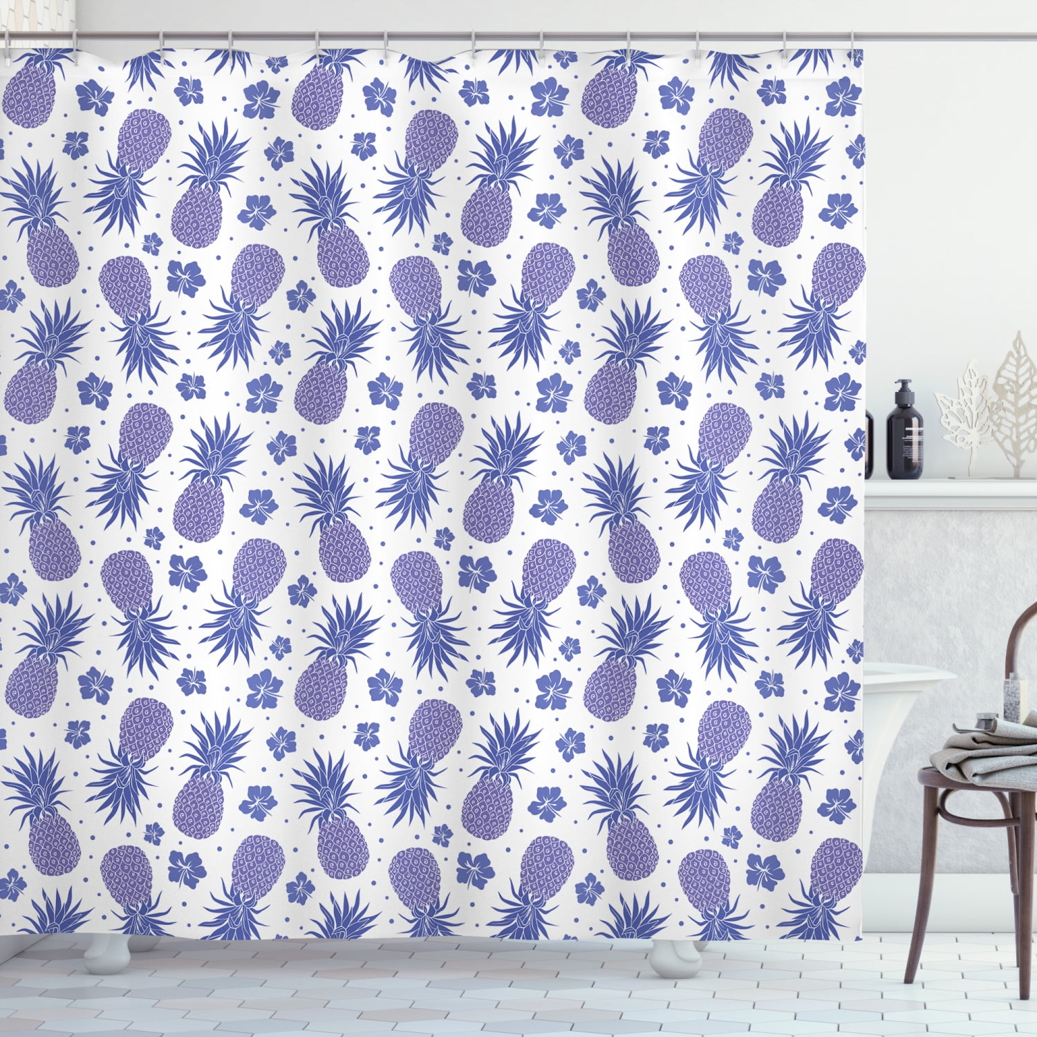 Tropical Shower Curtain, Pineapples on a Hibiscus and Dots Background