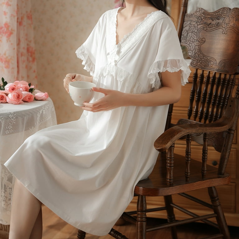 Homgro Women's Cotton Victorian Nightgown Ladies Soft Midi Short Sleeve  Pajama Dress Old fashioned Princess Lace Summer V Neck Nightshirt Vintage  Knee