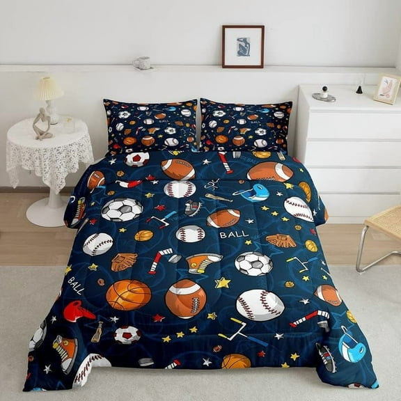 Sports Bedding Set for Boys - Basketball, Football, Soccer & Baseball Comforter - Twin/Full/Queen - Team Fan Kids Room Decor