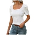 thumbnail image 4 of Tfken Summer T-Shirts For Women Square Neck Short Sleeve Solid Color Tops Casual Daily Wear Female Soft Shirts White, 4 of 8