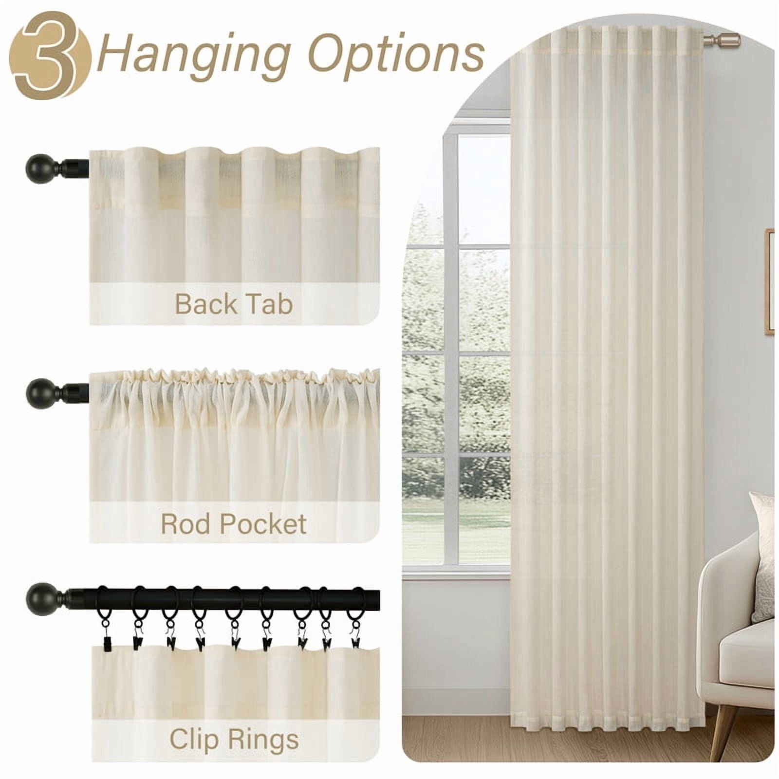 Topfinel Linen Curtains 90 Inch Long for Bedroom Living Room, Soft Linen Textured Window Drapes Semi Sheer Light Filtering Rod Pocket Back Tab Drapes, Birch 2 Panels