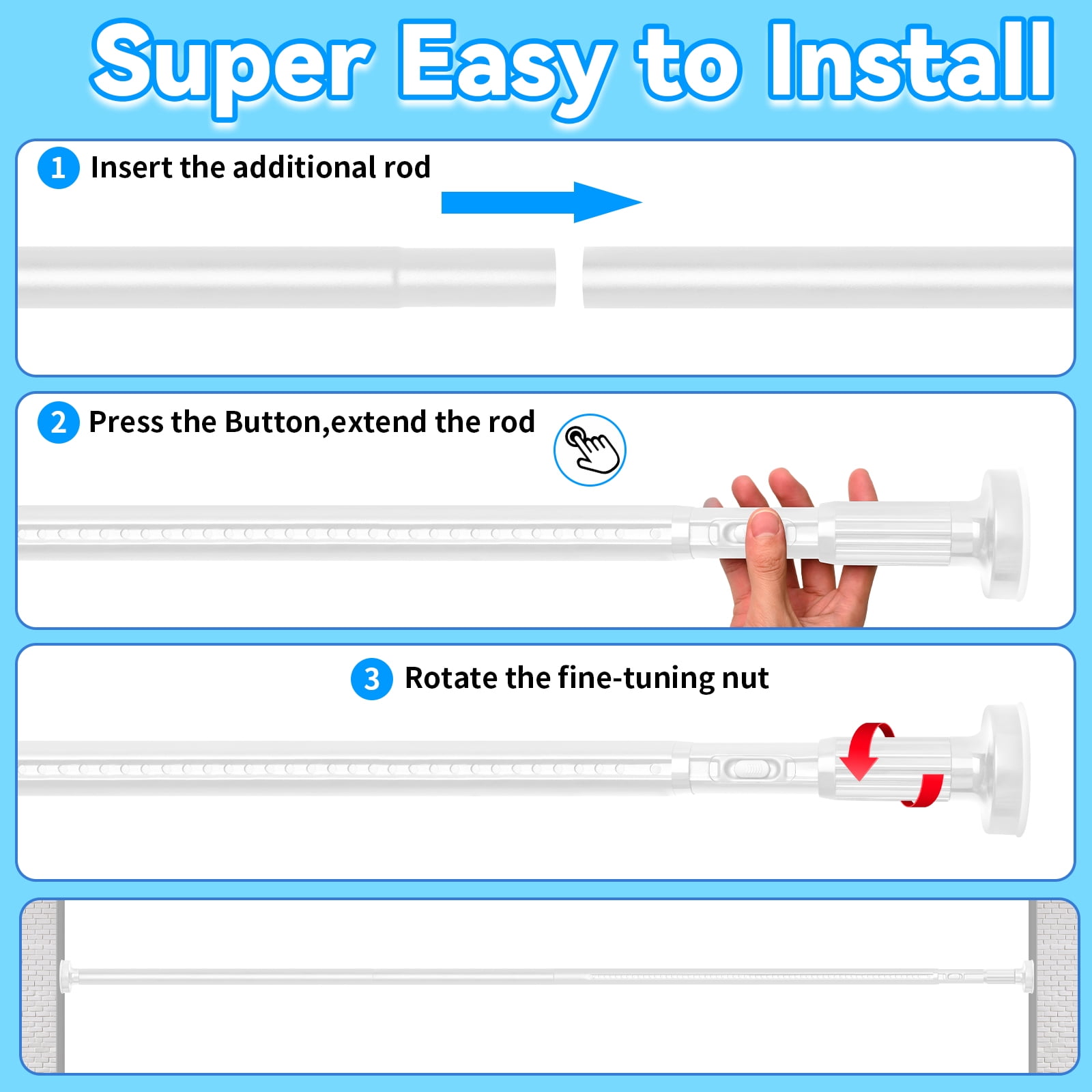 Ktinnead One-Push Tension Curtain Rod,94-122 in Extra Long Curtain Rods No Drill Adjustable Spring Shower Curtain Rod,Rustproof Steel for Window Patio Outdoor Bathroom,White