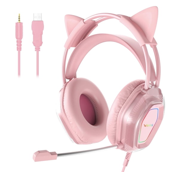 Wantek V10 Cat Ear Style Gaming Headset with comfortable fit and vibrant RGB lighting, Hi-Fi Sound - Pink