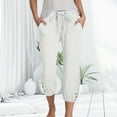 thumbnail image 3 of vigerkar Linen Capris for Women Summer Casual Loose Fit Cropped Pants Drawstring Elastic Waist Lounge Pant with Pockets White, XXL, 3 of 6