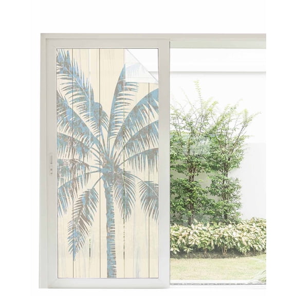 Window Privacy Film Summer Palm Trees Stained Glass Window Film Decorative Sun Block Window Cover Tropical Plants Vintage Wood Grain Window Clings Static Adhesive Sticker for Bathroom 35.4"x78.7"