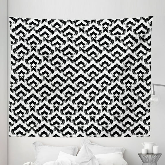 Black and White Tapestry, Hand Drawn Herringbone Lines Pattern Monochrome Geometric Arrangement, Fabric Wall Hanging Decor for Bedroom Living Room Dorm, 5 Sizes, Black White, by Ambesonne