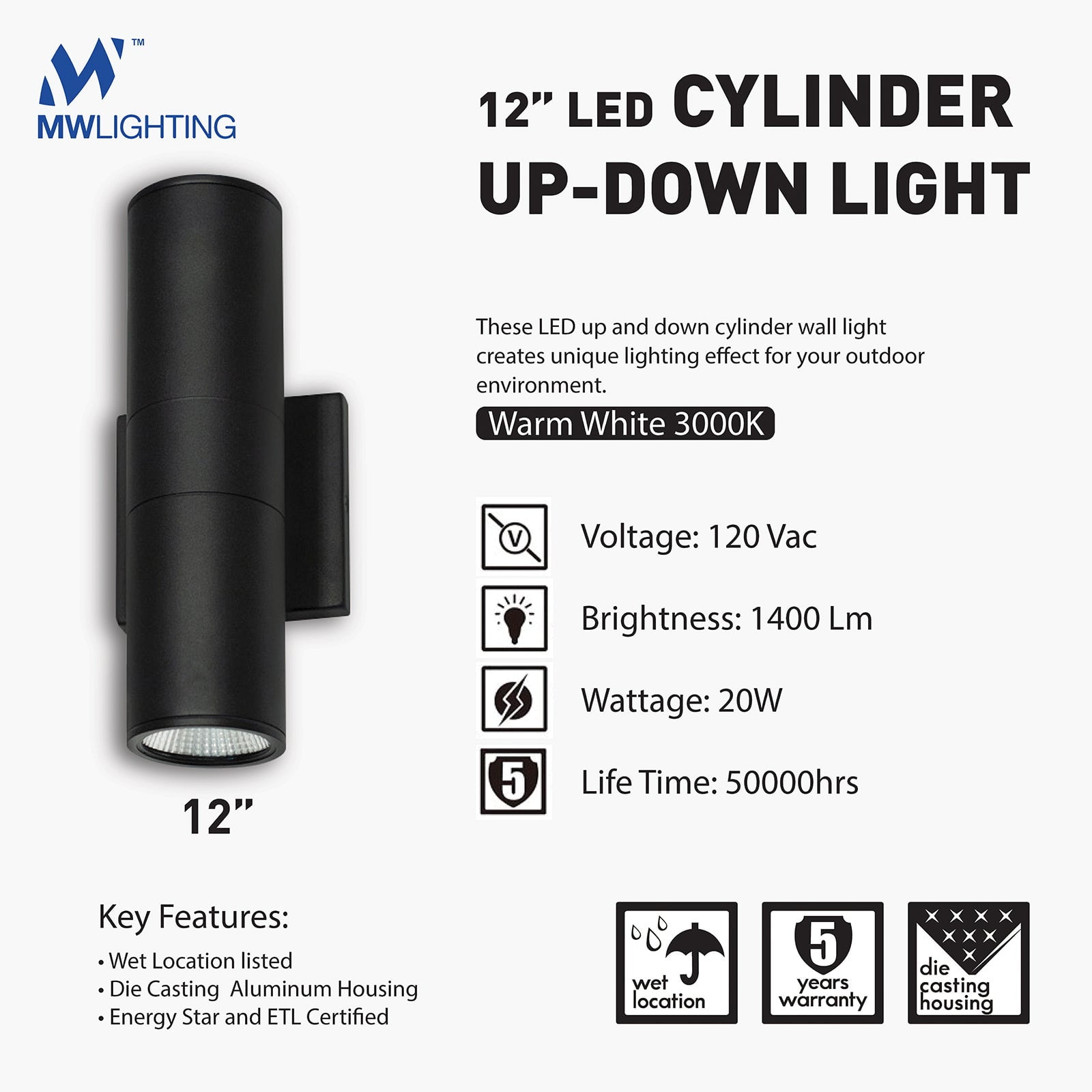MW Lighting 12" Up-Down LED Cylinder Light Fixture,  Aluminum Black Finish Outdoor Waterproof Lamp