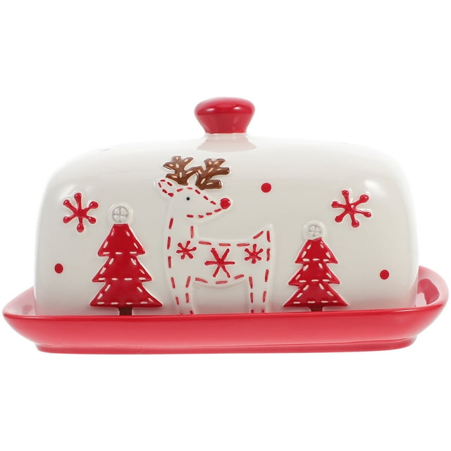 CIMAXIC butter Plat de Beurre Style de Noël Plat de Beurre Délicat Boîte de Beurre en Céramique Contenant de Beurre avec Couvercle, Mesurant 7.48 Pouces par 5 Pouces par 4.17 Pouces. le Plat en Céramique Présente un design Festif de Noël avec des accents Rouges et Blancs, Incluant Renne, Flocons de Neige et Arbres. le Couvercle a une surface Lisse avec un Bouton Rouge pour une Manipulation Facile. Convient pour Ranger du Beurre, du Fromage Ou des Collations, Ce Plat Est Idéal pour la Maison, les Fêtes Ou les restaurants. Son Matériau Céramique durable Assure un Nettoyage et un Entretien Faciles.