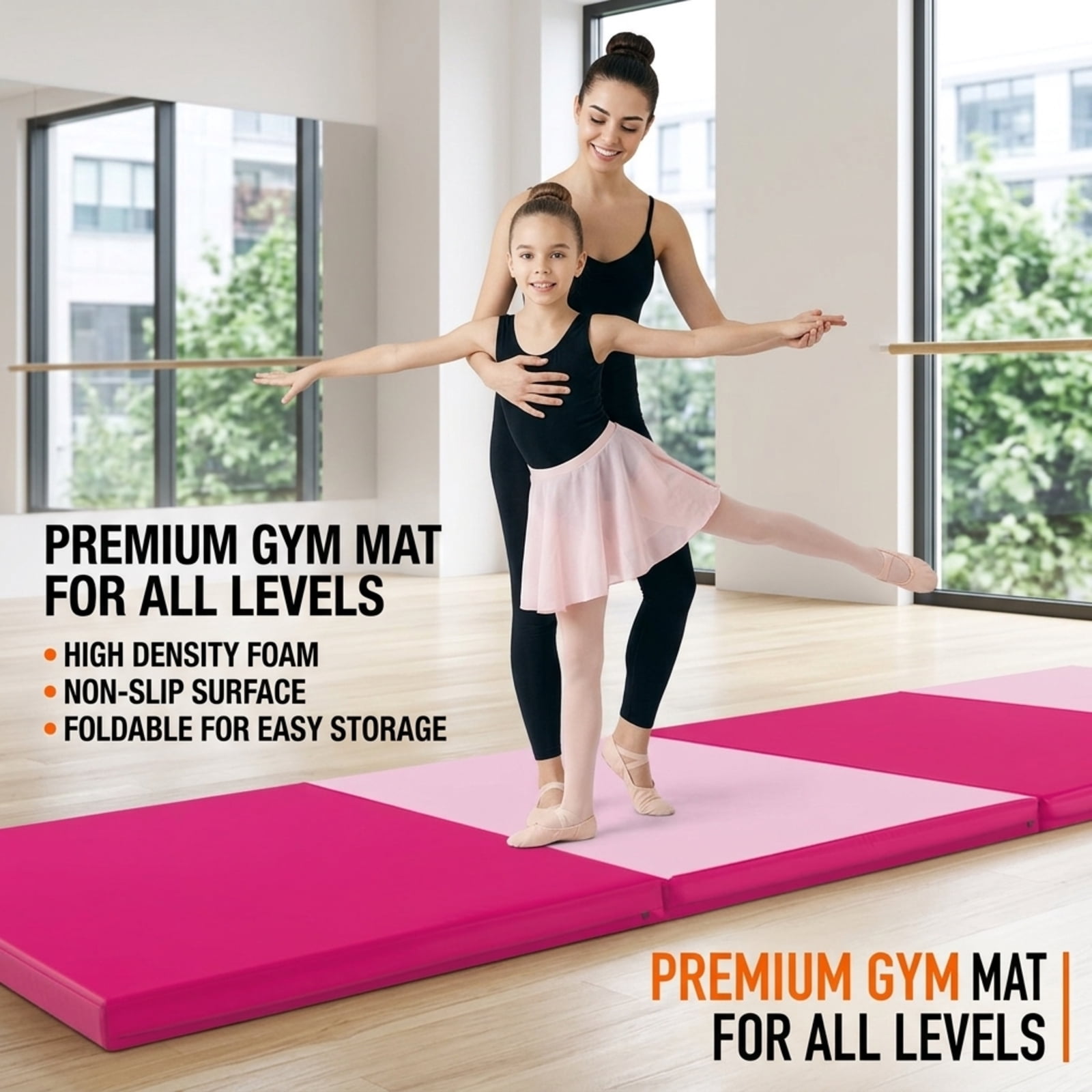 Airfind 4 Panel Folding Exercise Mat with Carrying Handles and Thick Foam for Home Gym Gymnastics Yoga and Tumbling Workouts, Pink