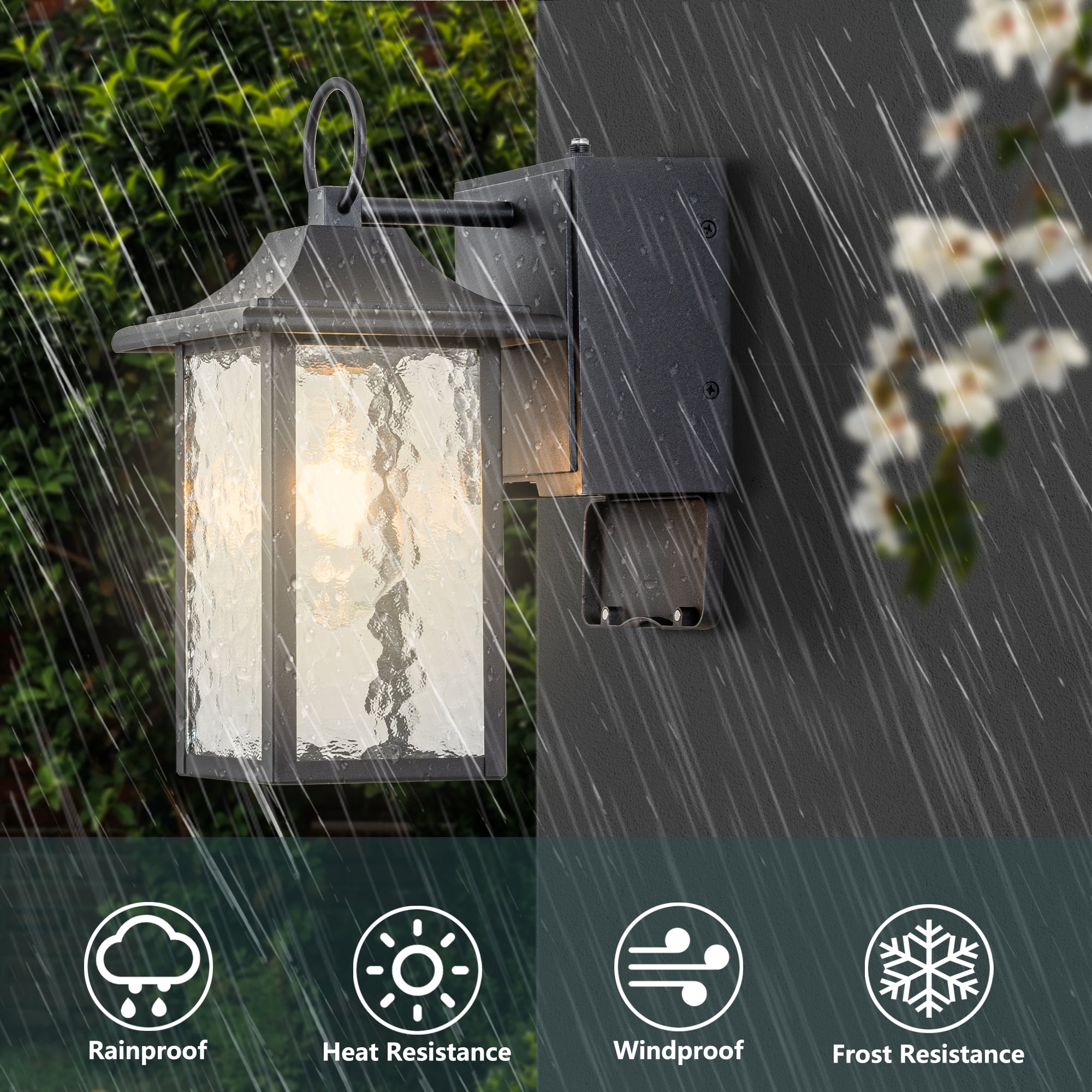 Dusk to Dawn Outdoor Wall Light with GFCI outlet, Hammer Glass