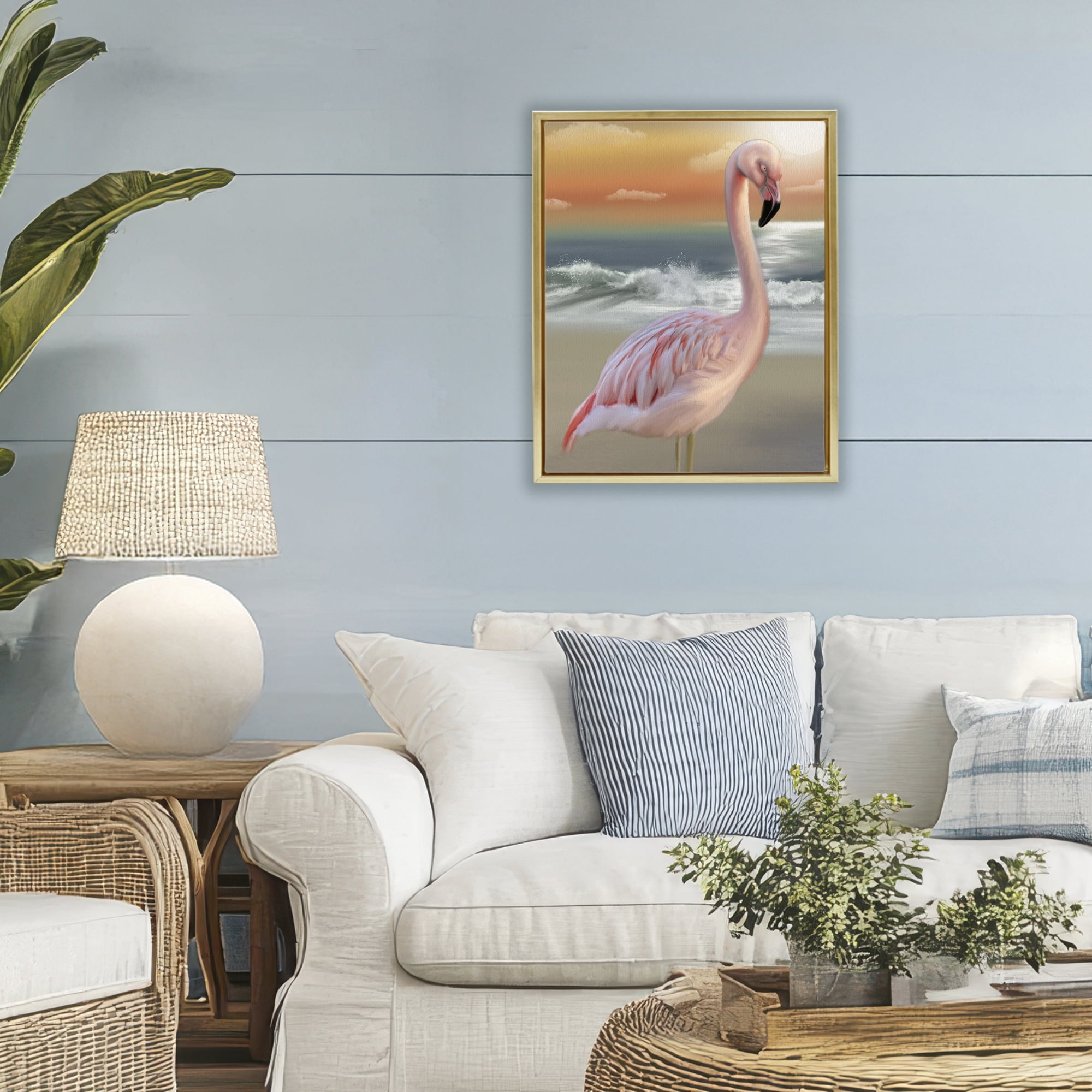 Stupell Industries Coastal Beach Flamingo Gold Framed Floater Canvas Wall Art, design by Matthew Piotrowicz