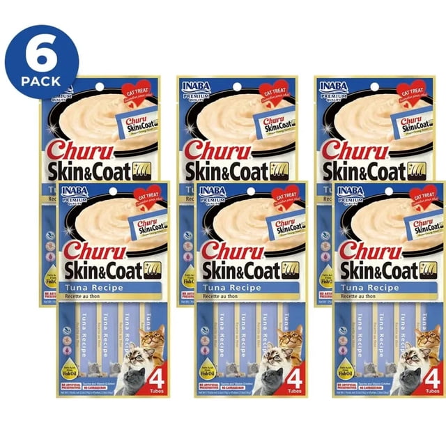 kit 6 sobres de Churu Skin & Coat Atún Pack 4 tubos de 14g