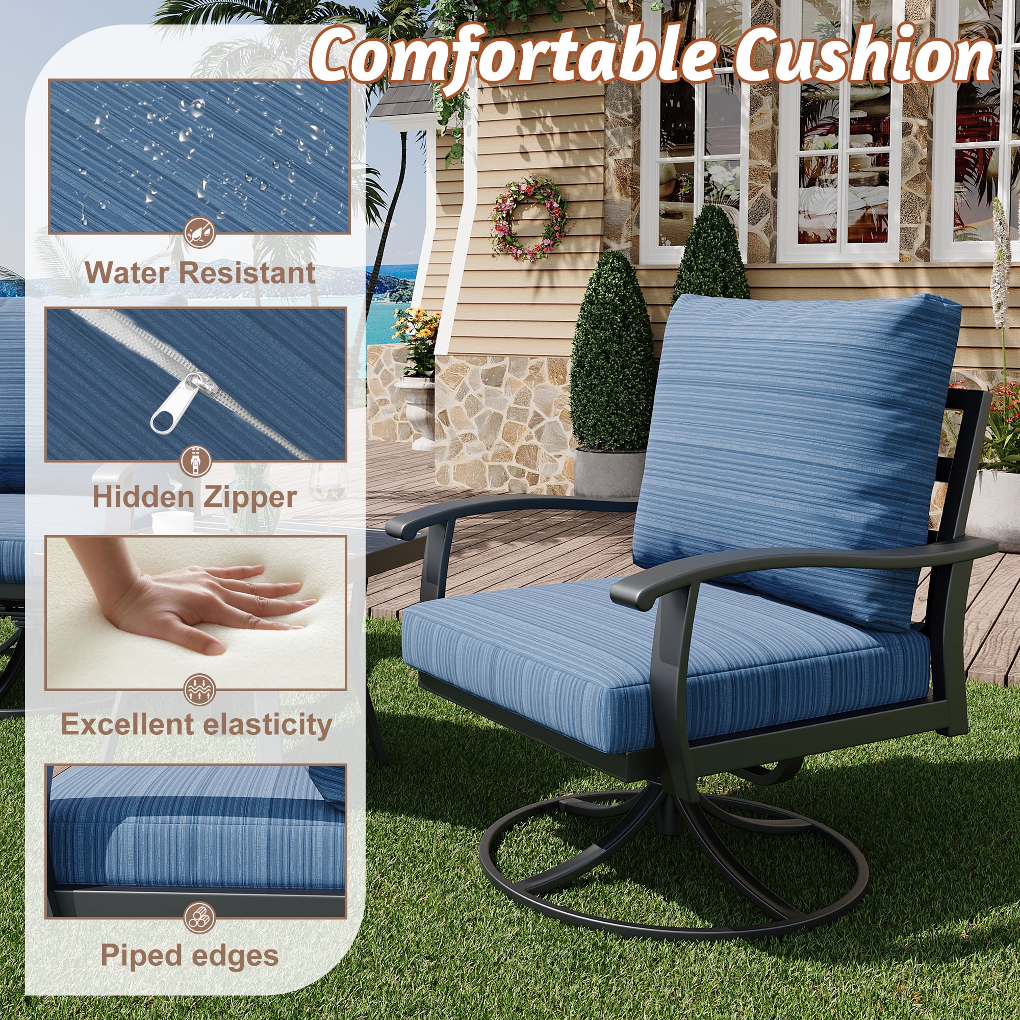 HOMREST Outdoor Swivel Rocker Patio Chairs with Ottomans and Coffee Table 5 PCS Bistro Set, 360 Degree Swivel Rocking Chair Patio Conversation Set with Thickened Cushion for Garden, Deck and Poolside
