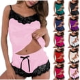 thumbnail image 5 of Women's Fashion Sleeveless Straps Silk Satin Lace Trim 2 Piece Pajama Sets Sleepwear Homewear Y2K Black,M, 5 of 6
