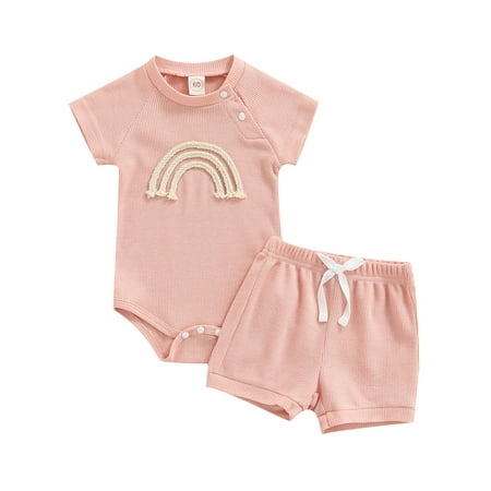 

Musuos 2Pcs Baby Girls Waffle Rainbow Romper T-Shirt Elastic Waist Shorts Tracksuit