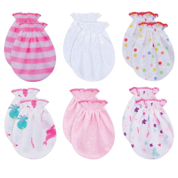 RATIVE Organic Cotton No-Scratch Baby Mittens for Newborn Girls, 0-6 Months, 6 Pairs, g46