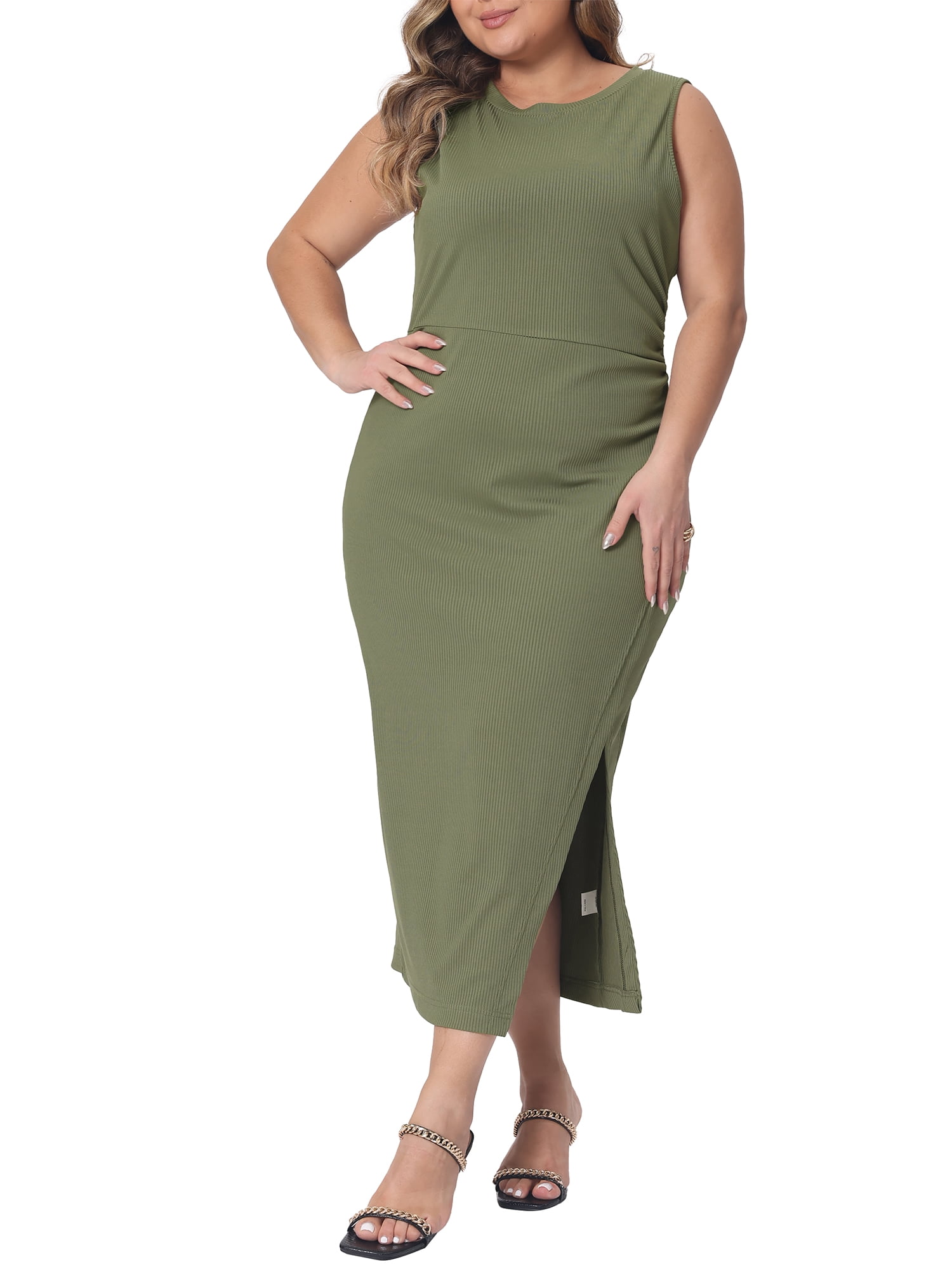 Unique Bargains Women's Plus Size Elegant Knit Slit Tank Midi Ruched Bodycon Dresses 2X Army Green