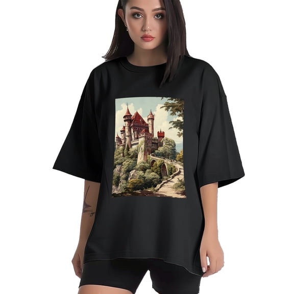 Plus Size Shirt for Women Black Tops for Women Short Sleeves Shirt for Women Castle (65） T Shirt Crewneck Shirt for Women XS