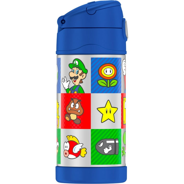 Thermos Kids Stainless Steel Vacuum Insulated Funtainer Straw Water Bottle,  Super Mario Brothers, 12 Fluid Ounces 