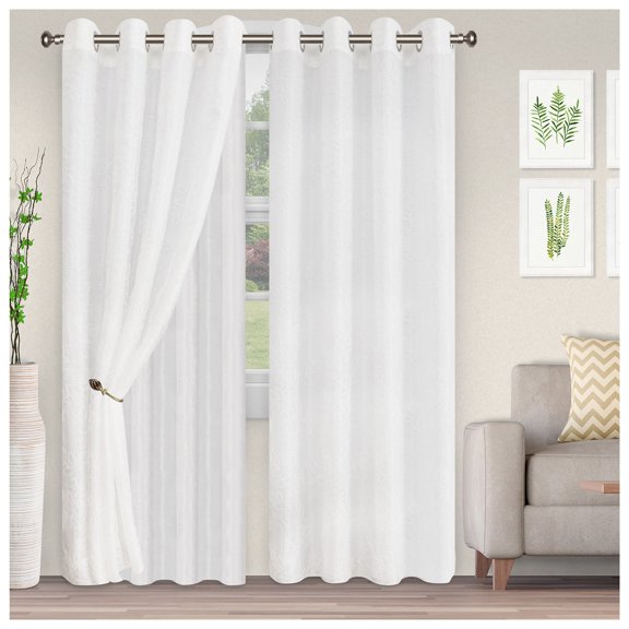 Foliage Embroidered Leaves Diffused Light Airy Lightweight Semi-Sheer Curtain Set White / 52"x63"