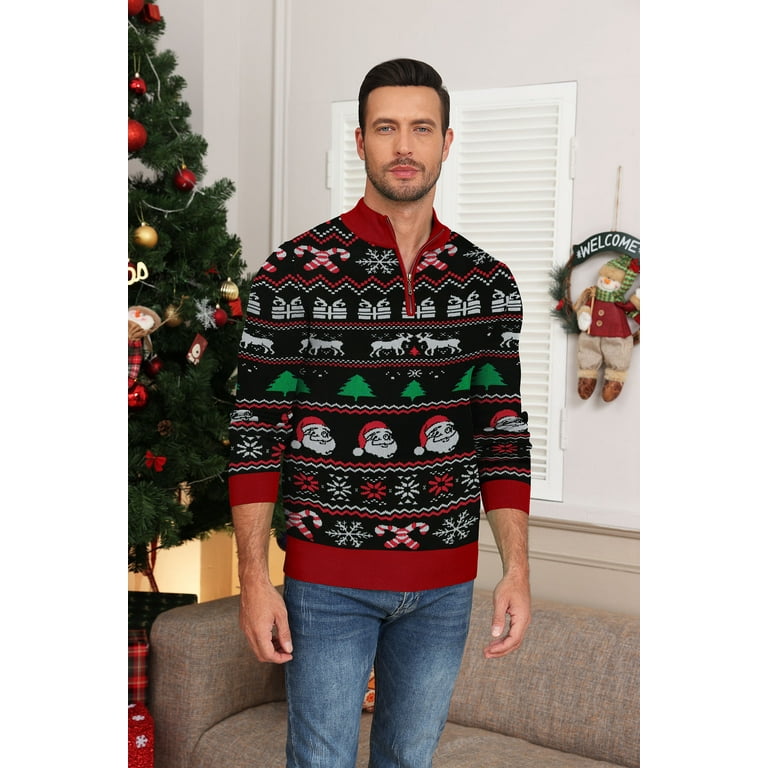 Iceglad Mens Ugly Christmas Sweater Quarter Zip Sweaters Reindeer Snowflake Turtleneck Long Sleeve Knitted Pullove