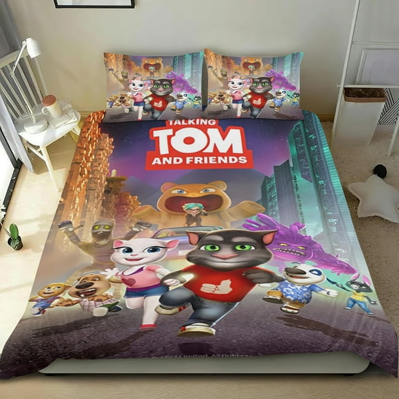 3 Piece Comforter Cover Set For Talking Tom Bedding Set Cute Duvet Cover Sets Super Soft Teens Bedding Set Kids Bedroom Gifts,1 Duvet Cover with 2 Pillowcases Twin