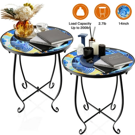 Rekopi 2 Pack Outdoor Mosaic Side Table, 17 Inch High Small Patio Outdoor Table, Indoor Folding Round Side Table for Bistro Balcony Garden