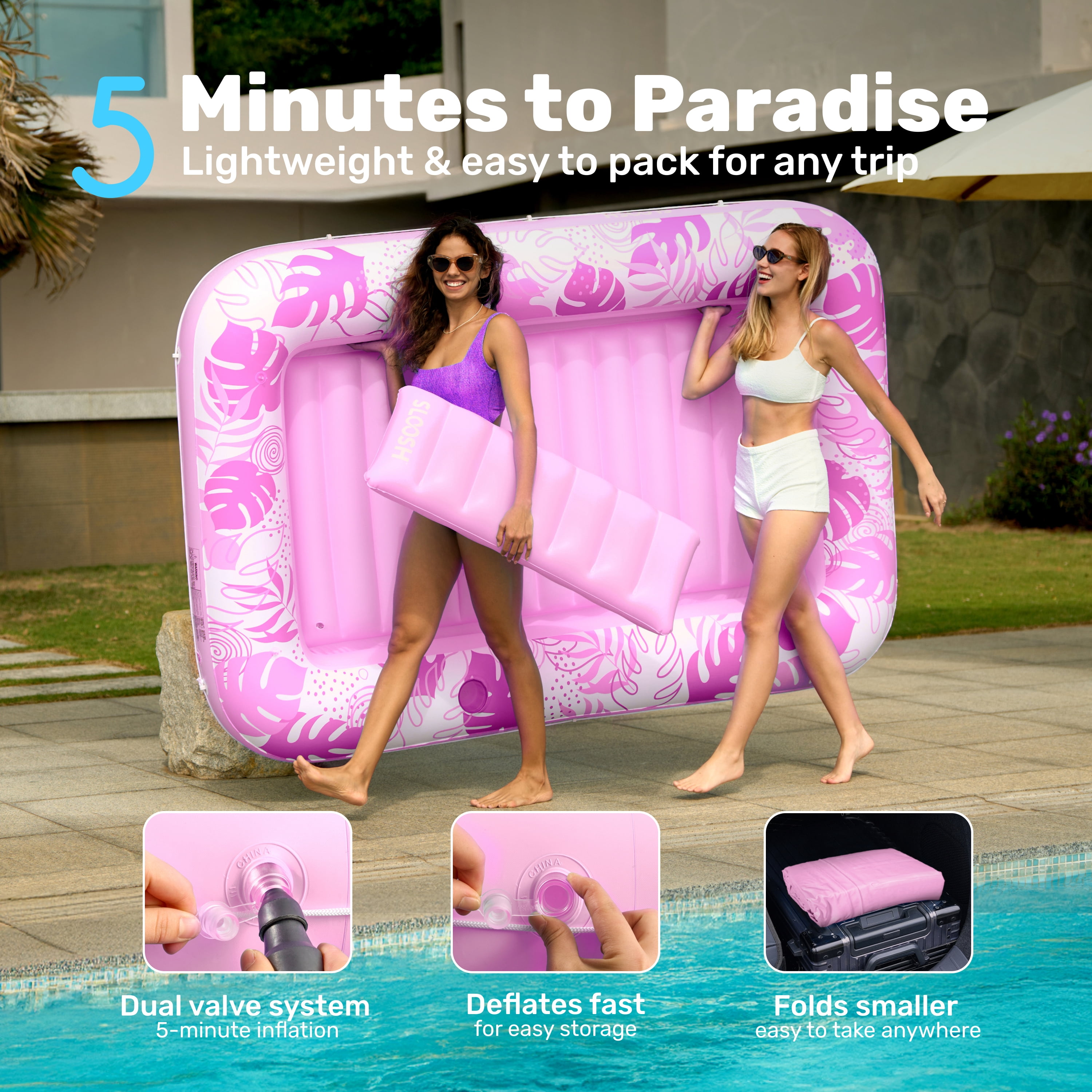 SLOOSH Inflatable Tanning Pool Lounger Float, 85" x 57" Extra Large Suntan Sun Tan tub for Adults, Tanning chair, Bed Blow up, Raft Lounge Floatie,XL-Blushing Pink