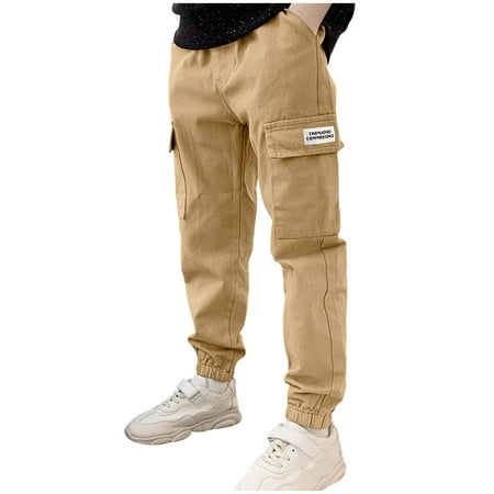 Boys Cargo Joggers Pants Cotton Casual Elastic Waist Casual Jogging Trousers Hiking School Sweatpants Khaki 5-6 Years
