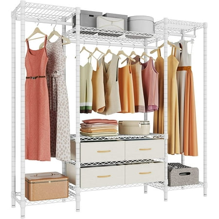 

Wire Garment Rack Heavy Duty Clothes Rack Metal Clothing Rack with 6 Shelves 3 Hang Rods & 4 Fabric Drawers Compact Freestanding Closet Wardrobe 56.7 L x 14.6 W x 70.9 H White