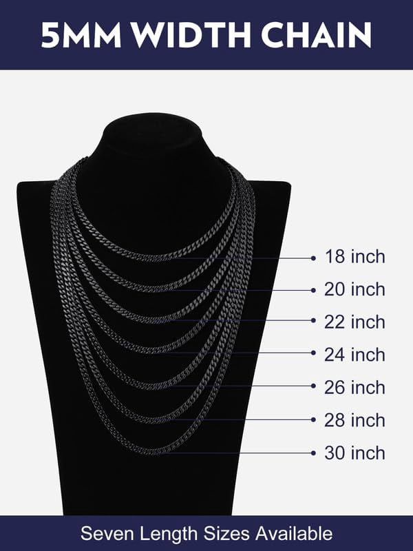 Bandmax 5MM Stainless Steel Mens Chain Necklaces Miami Cuban Link Black Chain for Men 18 Inches Chunky Cuban Chain Men Jewelry Birthday Valentines Father Day Gift for Dad Son Husband