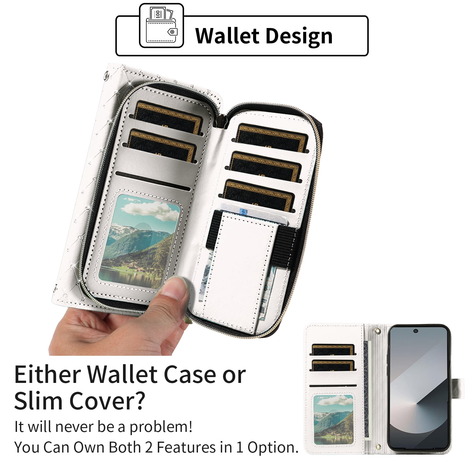 Asuwish Wallet Phone Case for Samsung Galaxy Z Fold 6 5G 2024 and Bling Glitter Crossbody Lanyard Strap Flip Zipper Purse Card Holder Cell Cover Compatible with ZFold6 Z6 G Fold6 6Z Women Men White