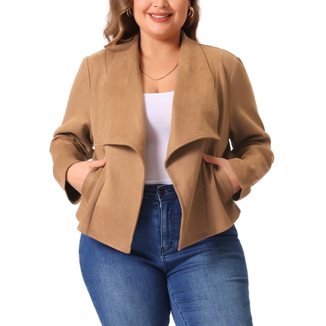 Chaqueta de ante sintético de tama?o grande para mujer GRACE & GRANDEUR con solapa, manga larga, abierta, cardigans, outerwear, chaquetas 4X marrón