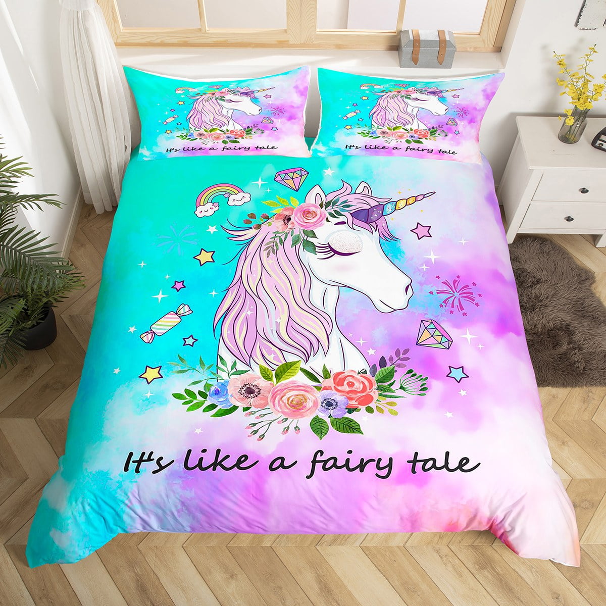 Teal top unicorn bedding