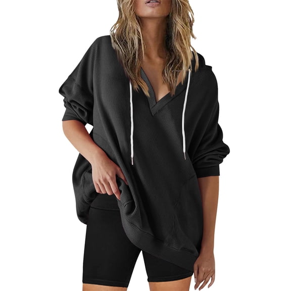 VISALY Hoodie Oversized Sweaters Knitted Sweaters Ribbed Tops Solid Color Long Sleeved Casual Sweater Loose V Neck Tunic Tops with Pockets Casual Sweatshirts Casual Fall Outfits Plain Hoodies Black L