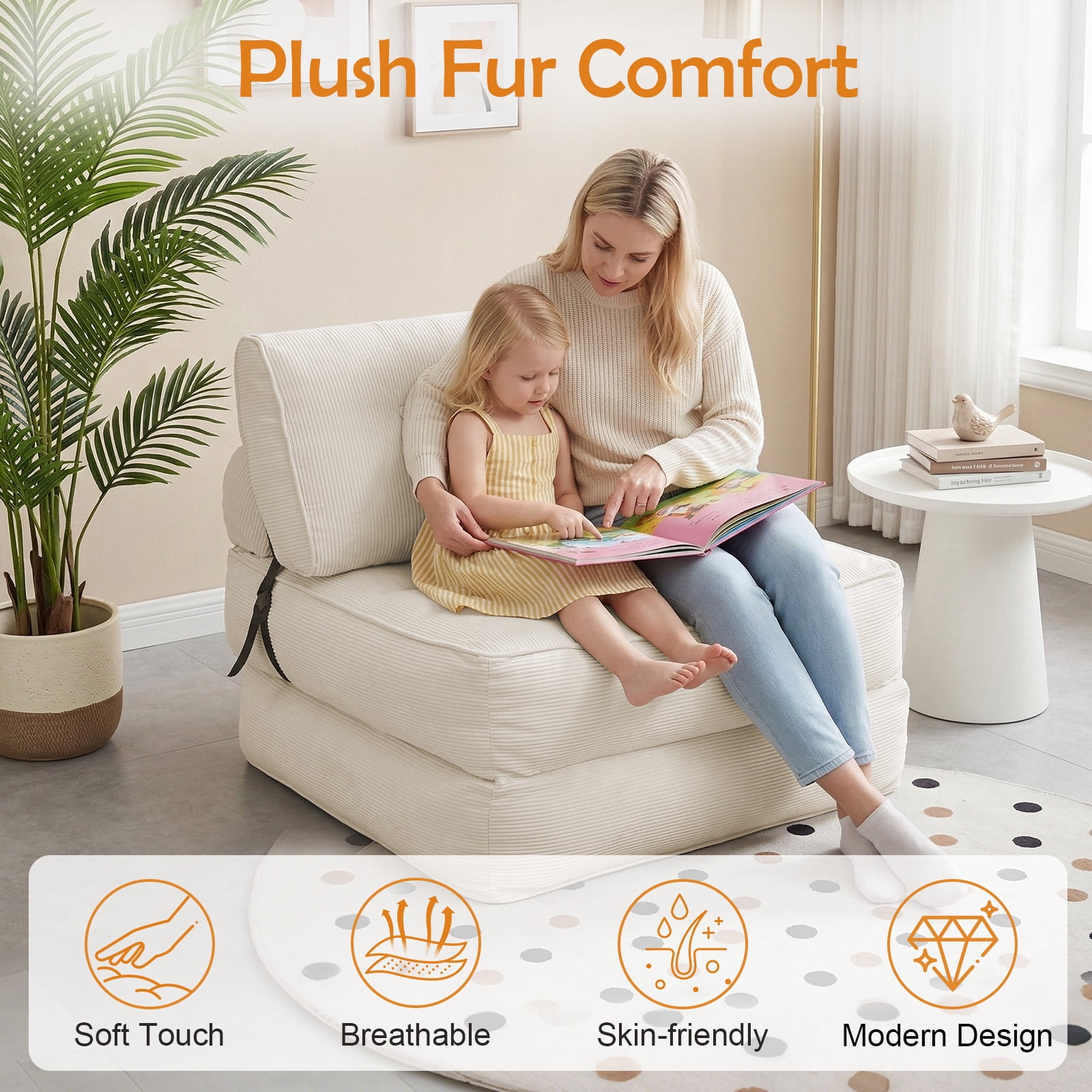 CATGOOD 78" Single Sofa Bed with Pillow, Convertible Sleeper Sofa for Small Spaces, Portable Boneless Small Couch Comfy Floor Sofa Lounge Chair for Living Room, Bedroom, Beige, White