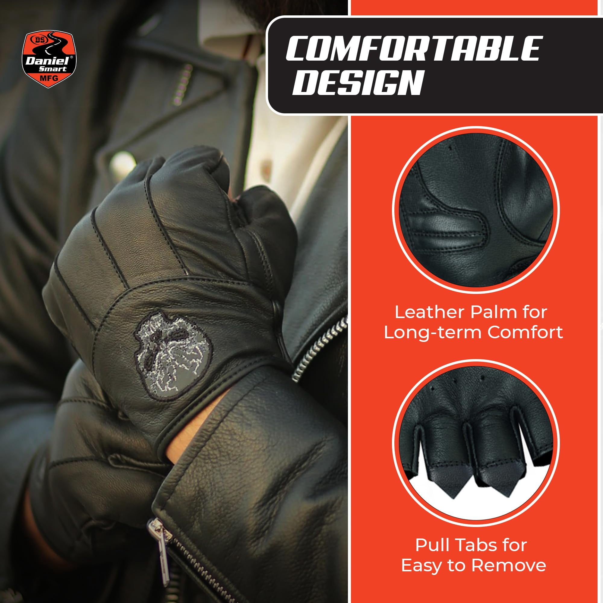 Daniel Smart Men’s Leather Gloves- Goatskin Leather- Fingerless Motorcycle Gloves with Reflective Skull Design and Gel Palm