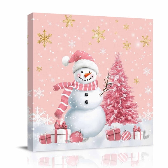 Canvas Wall Art, Pink Christmas Framed Canvas Prints for Bathroom Desk, Snowman Snowflake Gifts Xmas Tree Small Gallery Wrapped Wall Decor for Home Office, Gifts, 8"x8" Ship Next Day