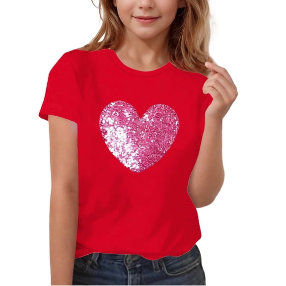 Fesfesfes Childrens Heart Print T Shirt Short Sleeve Round Neck Casual Top for Boys and Girls Valentine Day Theme Apparel Comfortable Everyday Wear Youth Kids Tee(Red,5-6 Years)