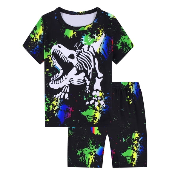 WIBACKER 3-12Y Boys 2-Piece Pajamas 3D Dinosaur Printed Short Sleeve Cool Summer PJ Set Kids Sleepwear