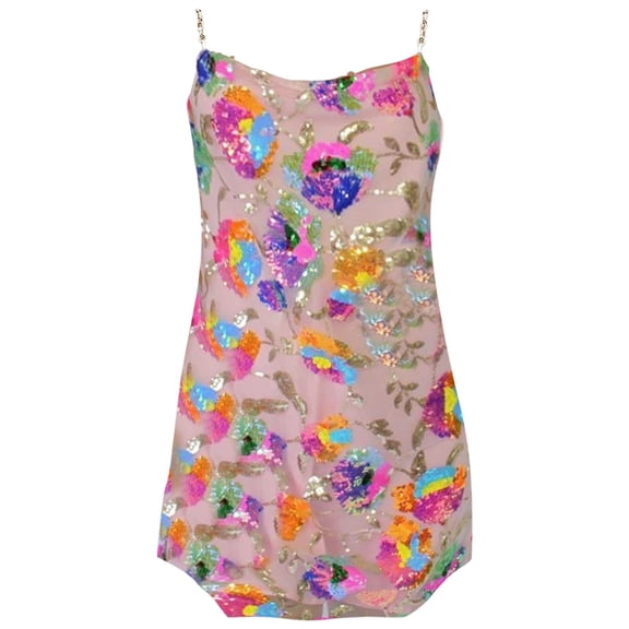TTUHYWXI Women's Sequin Dress Sexy Sparkly Floral Summer Backless Deep V Low-Cut Shiny Strap Mini Dress for Party Cocktail Clubwear (Pink, S)
