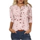 thumbnail image 1 of 3/4 Manga Superior Impresa Botón Suelto Cuello Redondo Camiseta, Tops Sueltos para las Mujeres, 1 of 5